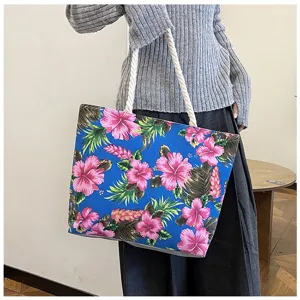 Fashion floral printed canvas tote bag, large capacity casual shoulder bag for women daily use.