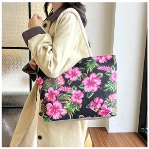 Women's large capacity canvas tote bag with tropical floral print and thick shoulder straps.