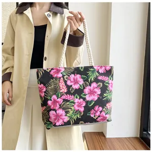 Stylish floral canvas tote bag for women, large capacity shoulder bag with tropical print.