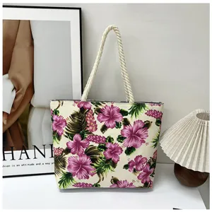 Floral canvas tote bag with braided rope handles, large capacity ethnic style shoulder bag for daily use.