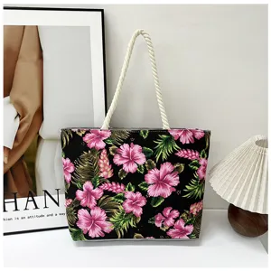 Floral canvas tote bag, large capacity shoulder bag with stylish tropical flower print.