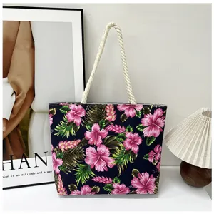 Floral canvas tote bag with thick rope handles, large capacity casual shoulder bag for women.