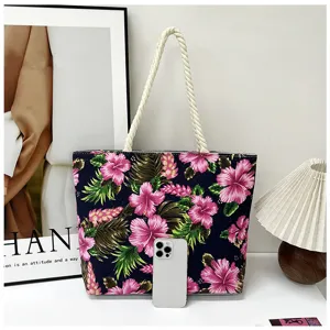 Floral canvas shoulder bag detail, ethnic style large tote bag with sturdy rope handles.