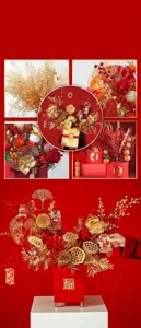 Neujahr künstliche rote Beeren Blumenarrangement roter Eimer Heimdekoration Ornament