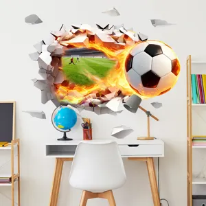 3D broken wall football wall sticker, realistic soccer flaming design for room decor.