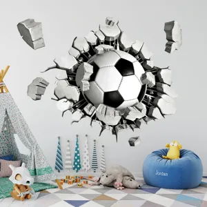 3D broken wall soccer wall sticker for kids bedroom decor, removable vinyl art mural