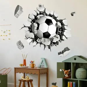 3D broken wall soccer wall sticker detail view, self-adhesive wall mural for room decor.