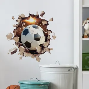 3D broken wall soccer wall sticker, removable self-adhesive football decor for living room.