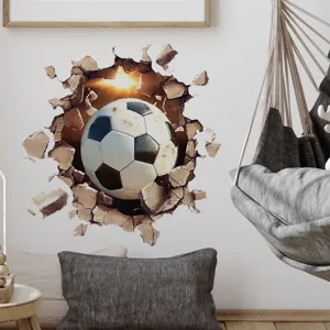 3D soccer wall sticker broken wall decal, removable vinyl art for bedroom living room decor.