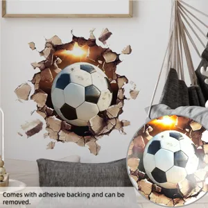 3D broken wall soccer wall sticker, self-adhesive and removable decor for living room home.