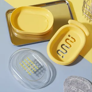 Plastic double layer soap dish with clear lid, wall-free bathroom bar soap holder storage box.