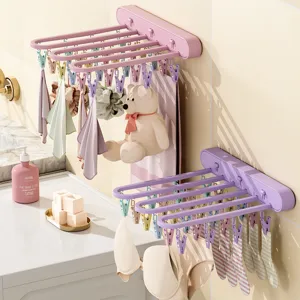 Foldable Wall Mounted Drying Rack Plastic Multi-Clip Sock Hanger Punch-Free Laundry Storage Rack For Home Bathroom