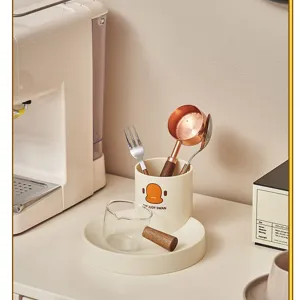 Desktop organizer set cute pen holder with wooden handle glass cup and tray for office desk