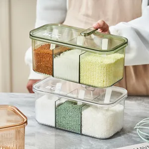 Clear multi-compartment seasoning box kitchen condiment storage container set with spoons