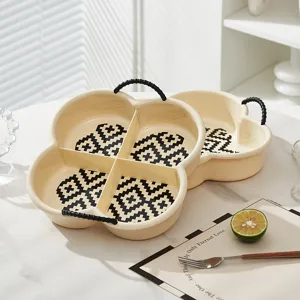 Creative 4-compartment flower fruit plate with handles, modern home snack serving tray.