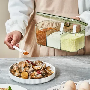 Clear plastic kitchen seasoning box with multi-compartments, spoons, and moisture-proof lid.