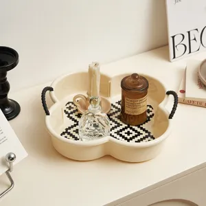 Clover shaped partitioned dried fruit tray with handles, aesthetic desktop snack storage box.