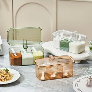Large Capacity Three Grid Seasoning Box Kitchen Plastic Condiment Jar With Spoon Moisture Proof Sealed Spice Organizer