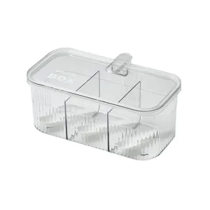 Clear 3-compartment seasoning box kitchen storage jar with spoons and moisture-proof lid.