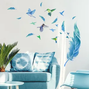 Pegatinas de pared con pájaros azules y plumas para sala dormitorio decoración hogar