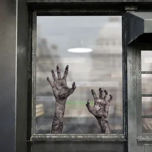 Halloween Zombie Hand Wandaufkleber für Glasfenster, gruselige Party Deko Detailansicht.