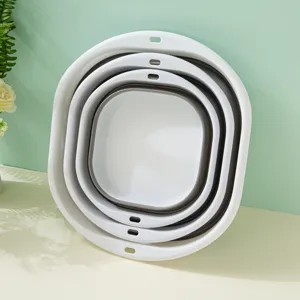 Portable collapsible silicone wash basin, nested foldable laundry tub for home and dorm use.