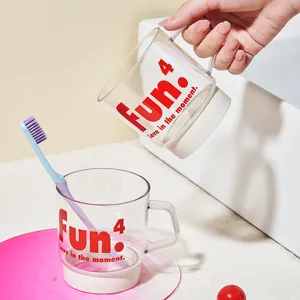 Creative Transparent Plastic Mouthwash Cup Letter Print Portable Toothbrush Cup For Couple Bathroom Travel Daily Use