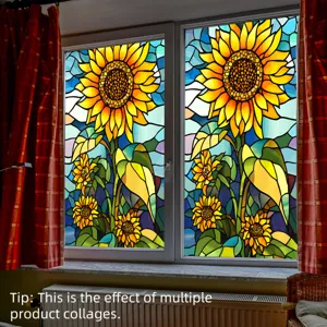 Stained glass sunflower window film scene detail, decorative static glass sticker closeup.