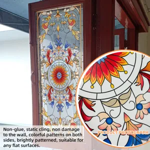 Stained glass window film detail showing vibrant floral patterns and fine texture.
