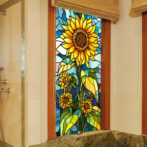 Sunflower stained glass window film detail, retro decorative static sticker for home window.