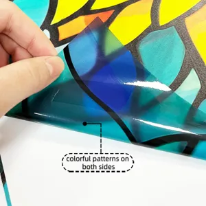 Detail view of the colorful retro floral static window sticker, showing its double-sided pattern.