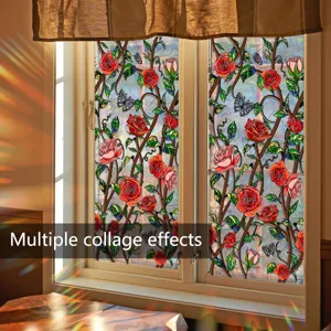 Vintage Bleiglas Stil PVC Fensterfolie Doppelseitig Bedruckt Rosenranke Schmetterling Statische Haftung Regenbogen Deko Aufkleber