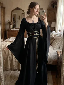 Medieval Renaissance gothic black long dress with dramatic trumpet sleeves and golden rope belt.