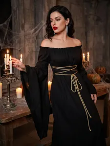 Medieval black gothic witch long dress with gold rope belt, perfect for Halloween party cosplay.