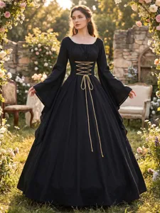 Detailed view of black medieval Renaissance dress featuring lace-up corset and long sleeves.