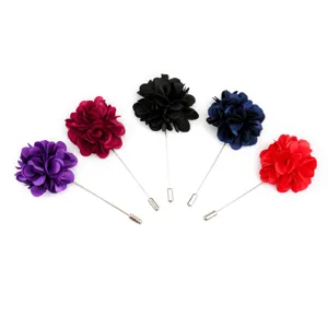Multi-color fabric flower lapel pin set, elegant suit accessory with long pin for men.