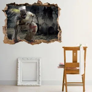 Halloween 3D Wandtattoo Zombie Motiv Detailansicht mit gruseligem Friedhof Effekt für Zimmerdeko.