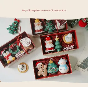 Christmas scented candle gift set desk decor cute Santa snowman tree wax candles.