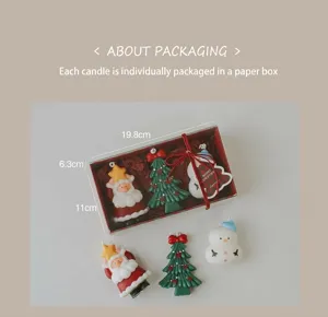 Christmas scented candle gift set details, featuring Santa Claus, tree and snowman shapes.