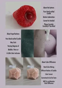 Handmade scented candle detail, strawberry shape, textured bubble surface and geometric design.