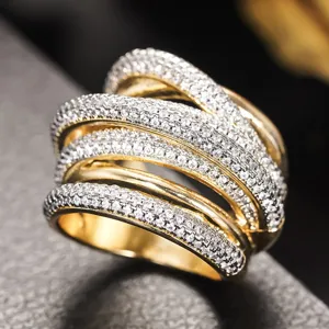 Old Money Luxuriös Kupfer Zweifarbig Galvanisiert Geometrisch Mehrreihig Strass Breit Mehrschichtig Offen Statement Ring Für Damen Schmuck Geschenk