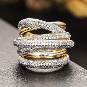 Luxus zweifarbiger mehrreihiger Pave Kristall Ring Damen, Old Money Stil gold silberner Ring.