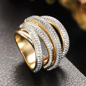Luxus zweifarbiger mehrreihiger Zirkonia breiter Ring für Damen Statement Schmuck.