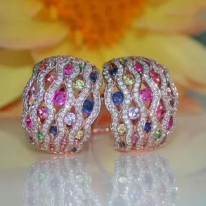 Luxuriös Kupfer Zirkonia Ring Ohrringe Set Mehrfarbig Bunte Steine Micro Pave Welle Ring Hochzeit Jahrestag Schmuck Geschenk Für Damen