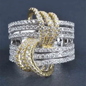Lujoso anillo de circonita entrelazado, elegante joya para mujer brillante bicolor