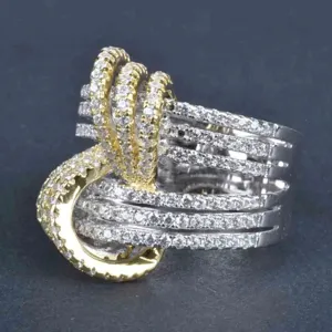 Anillo cruzado de circonita bicolor joyería de moda de lujo para mujeres vista detallada