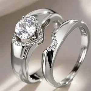 Anillos de Pareja de Cobre Corazón de Lujo con Strass Elegante Estilo Old Money Geométrico Juego de Dos Anillos para Mujer Joyería