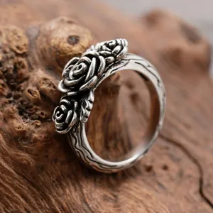 Vintage rose flower ring for women, antique style multi-flower vine silver statement jewelry