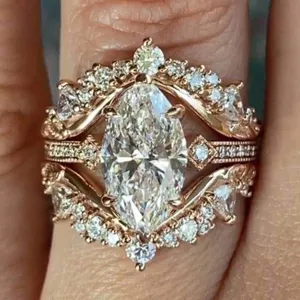 Elegante Conjunto de Anillos con Zirconia para Mujer Lujoso Oro Champaña Cobre Anillo de Corona Joyería Accesorios de Moda