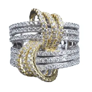 Anillo cruzado de múltiples filas de lujo para mujer, joyería ancha con circonitas.